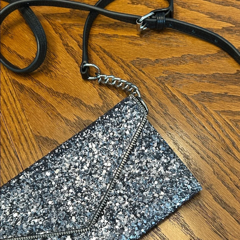 Rebecca Minkoff🩶Silver and Black Sparkle Glitter Leo Clutch/Crossbody  8”W x 4”H